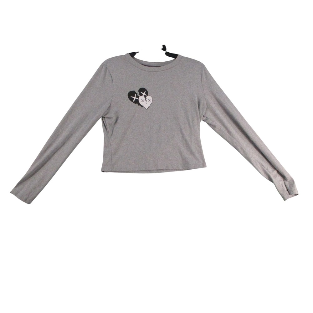 Gray Broken Heart Graphic Long Sleeve Cropped T-Shirt Womens XL Streetwear 6513